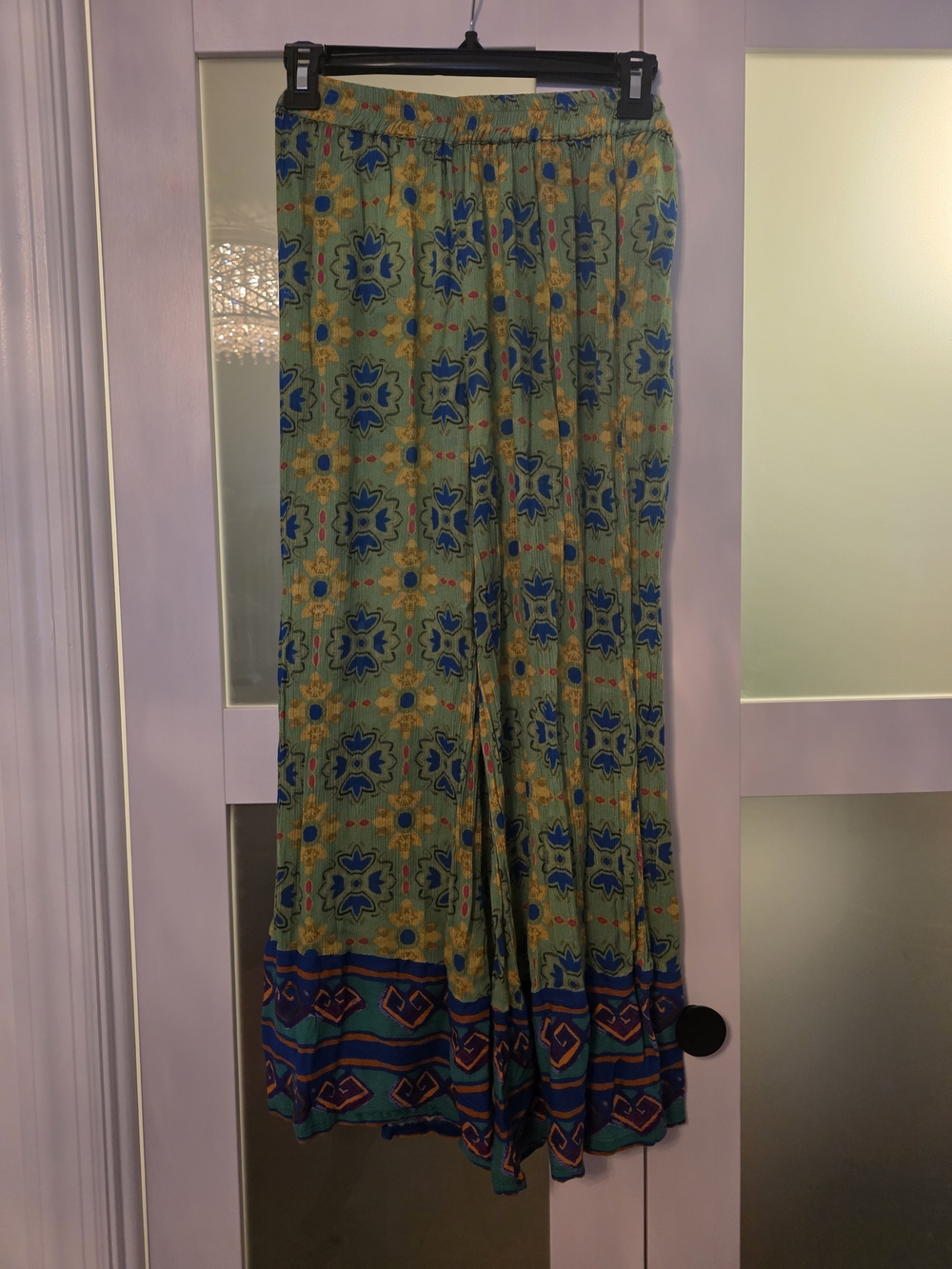 Nasty Gal Green Floral Flowy Pants with Blue and Yellow Accents